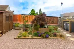 Abri bois, abri poubelles et massif avec érable du Japon pourpre au bord de l’allée gravillonnée