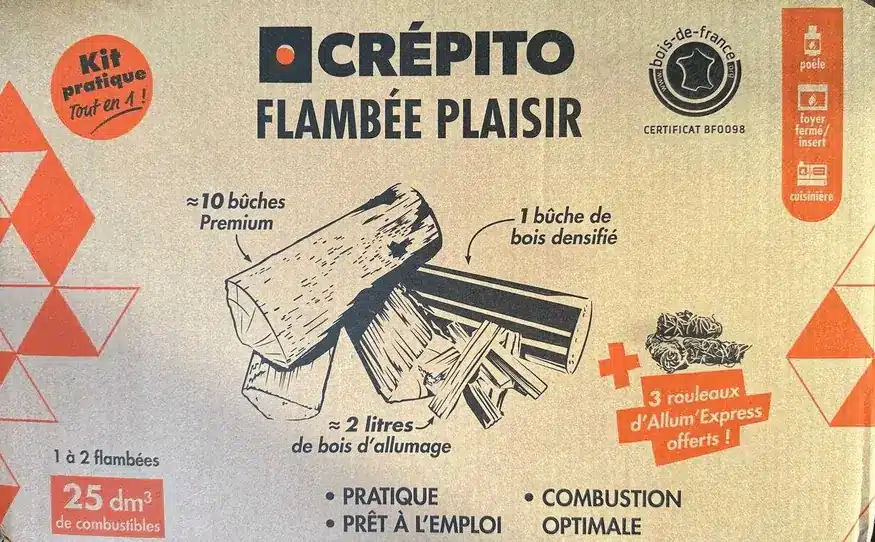 Carton du kit complet feu de cheminée Crépito avec bûches et allume-feu