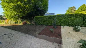 Massifs décaissés au niveau de l’allée, bordures bois et paillage, le long d’une haie