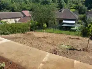 Parcelle préparée et semée de gazon avec de jeunes arbres plantés, à Guerville